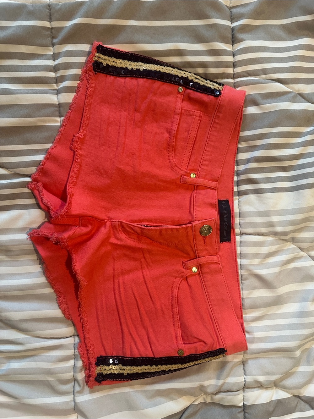 Juicy Couture Coral Pink Sequin-Trim Denim Shorts